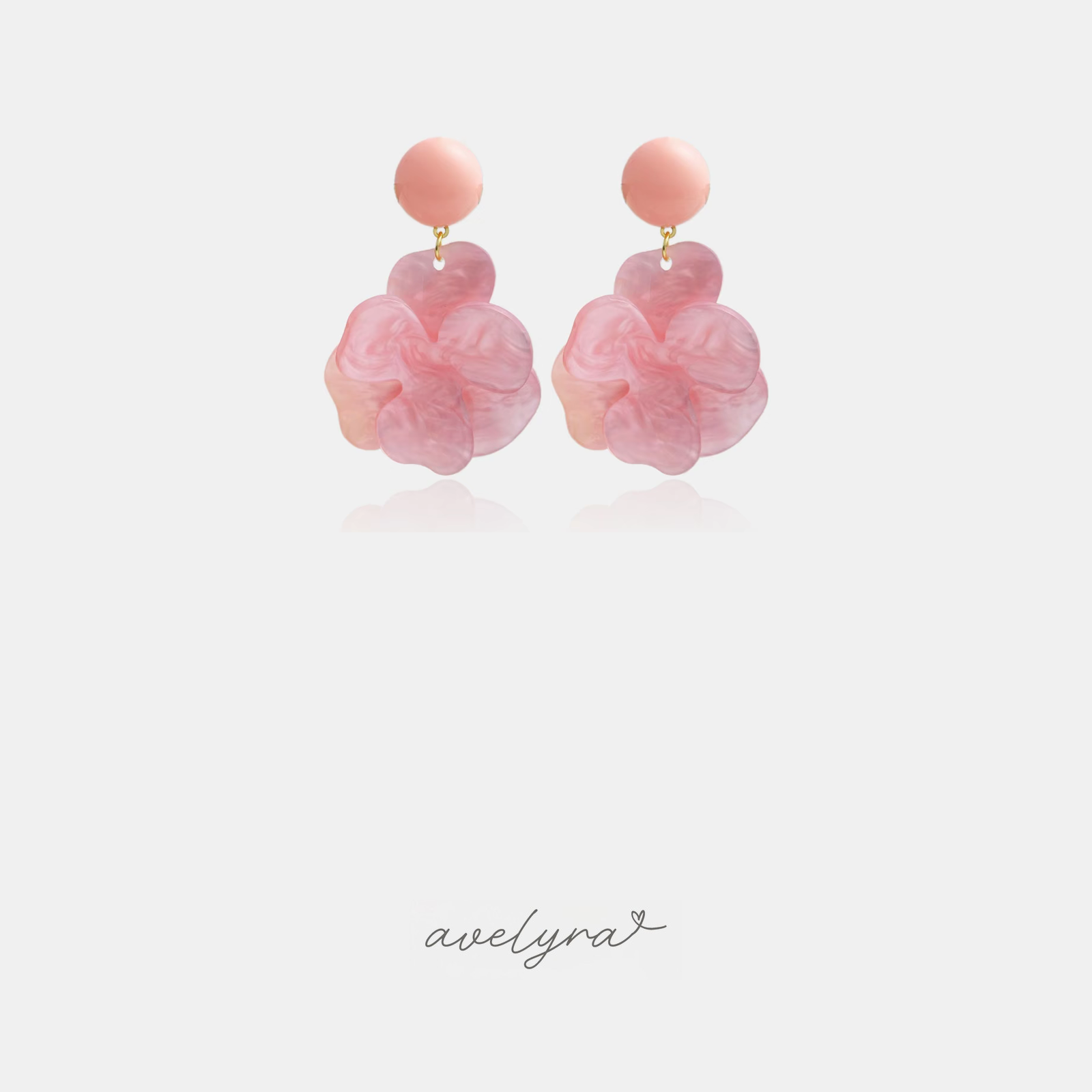 Blush-pink marbled acrylic flower drop earrings with a round pink top