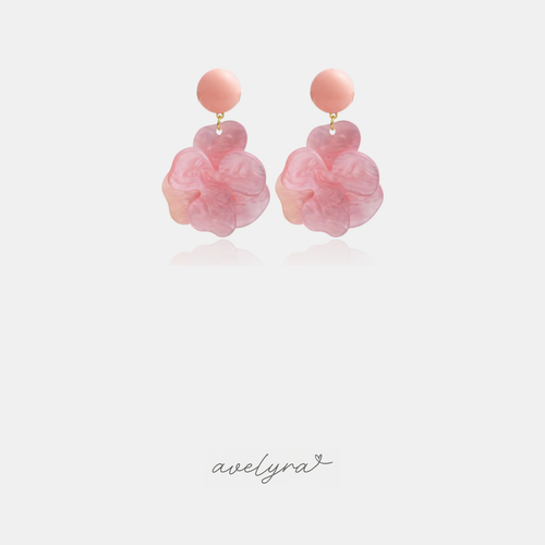 Blush-pink marbled acrylic flower drop earrings with a round pink top