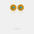Gold-tone textured sunflower stud earrings with a light blue round centre stone.