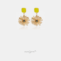 Champagne crystal flower drop earrings with an olive crystal centre and a yellow-green square top