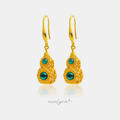 Gold-tone gourd-shaped drop earrings with filigree detailing and two green cabochons each.