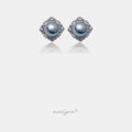 Pair of stud earrings with grey pearls surrounded by a scalloped crystal halo.