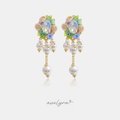 Gold-tone drop earrings with cream roses, an iridescent oval crystal and a cascade of white pearls