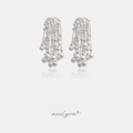 Silver-tone bead-chain tassel earrings cascading with white pearls