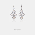 Silver-tone drop earrings with clusters of clear faceted quatrefoil clover-shaped stones on a hook fitting.