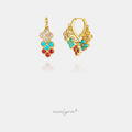 Pair of small gold huggie hoops set with clusters of clear, turquoise and red stones.