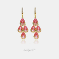 Gold-tone chandelier earrings with clusters of pink pear-shaped crystals hung from a crystal-lined top.