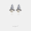 Silver-tone earrings with a tapered cluster of clear crystals above a single white pearl drop.