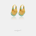Ornate gold-tone filigree basket hoop earrings with a fringe of aqua-green beads.