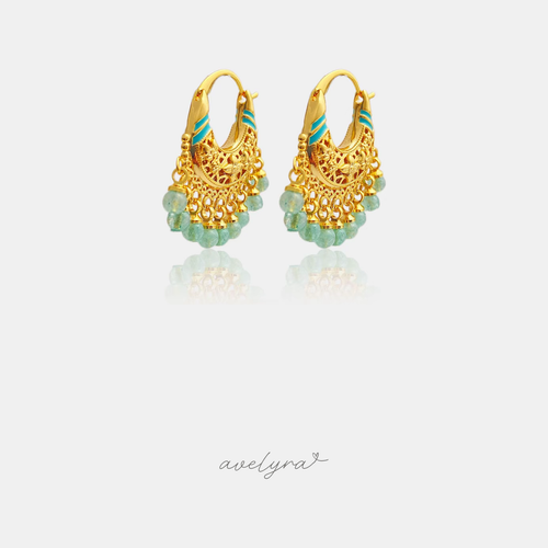Ornate gold-tone filigree basket hoop earrings with a fringe of aqua-green beads.