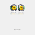 Square stud earrings with a yellow centre stone, green accents and crystal-lined dark frame.