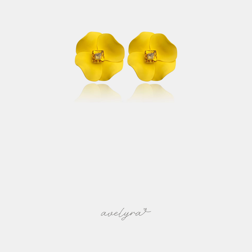 Matte yellow flower stud earrings with a square amber-coloured stone in the centre.