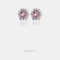 Stud earrings with a mauve-pink oval crystal surrounded by pearls and clear, pink and yellow stones.