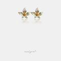 Pair of gold-tone five-petal flower stud earrings with iridescent opaline petals and a golden textured centre.