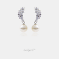 Pair of silver-tone drop earrings with a cluster of clear stones sweeping upward above a single round white pearl.