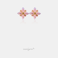Pair of flower stud earrings with faceted pink, lilac and amber crystal petals around a golden centre stone.