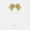 Pair of sculpted heart-shaped petal stud earrings with green edges and a blush pink pearl at the centre.