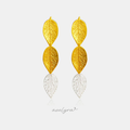 Gold-tone drop earrings shaped as two textured leaves with pressed veining, hanging one below the other.