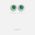 Silver-tone round stud earrings with a green cabochon centre surrounded by two rings of clear stones.