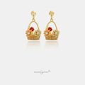 Gold-tone flower basket dangle earrings holding coral, peach and green blooms with crystal centres.