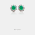 Silver-tone stud earrings with green oval cabochon and a double halo of clear crystals.