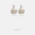 White iridescent shell disc drop earrings with textured silver-tone tops.