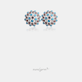 Silver-tone openwork dome stud earrings with blue and red stones.