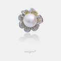Silver-tone flower cocktail ring with a large white pearl centre and pave petals in clear and yellow stones