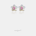 White carved flower stud earrings with a pink oval stone and clear halo in the centre.