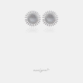 Pair of silver-tone sunburst stud earrings with pave clear stones and radiating spokes of small stones.