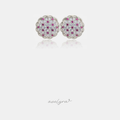 Silver-tone round dome stud earrings with clear pave crystals and scattered magenta-pink stones.