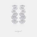 Long silver-tone earrings made of stacked fan-shaped clusters of clear marquise and pear-cut crystals.
