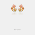 Gold-tone cluster stud earrings of carved pink and iridescent white flowers with small crystal accents.