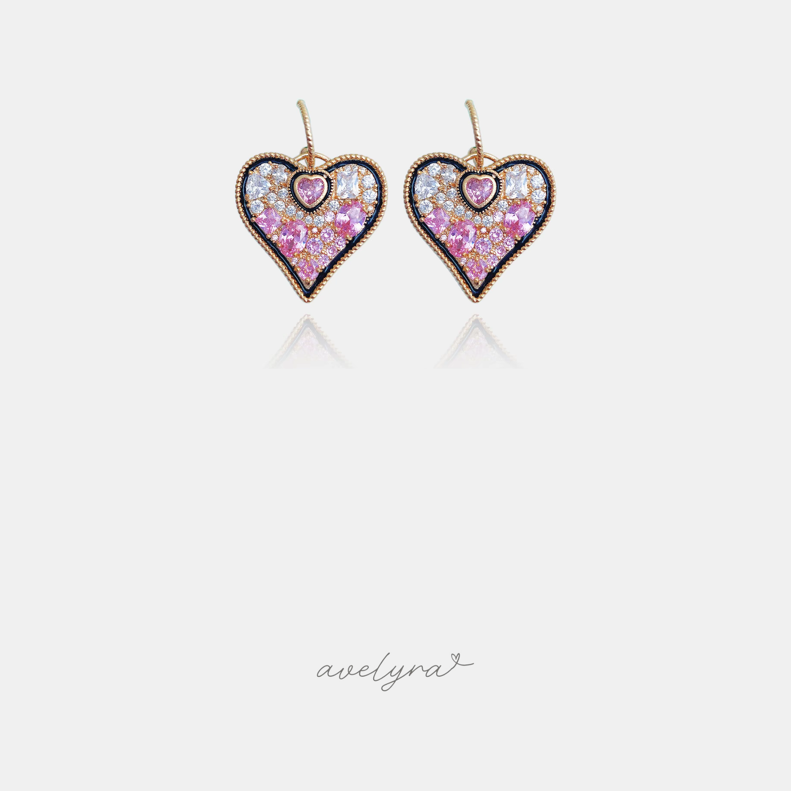Pair of heart-shaped drop earrings pave-set with pink and clear stones and a small centre heart.
