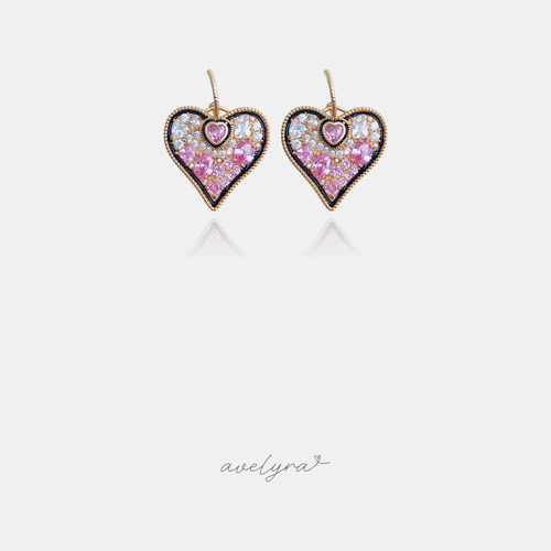 Pair of heart-shaped drop earrings pave-set with pink and clear stones and a small centre heart.