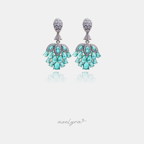 Pair of chandelier drop earrings with clustered aqua teardrop stones and a pave stem.