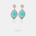 Gold-tone drop earrings with aqua teardrop stones surrounded by clear crystals.