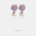 Silver-tone rose flower earrings with pink stones and white pearl drops.