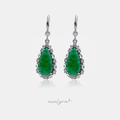 Silver-tone lever-back drop earrings with green teardrop cabochon and clear crystal halo.