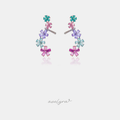 Silver-tone climbing earrings with green, pink, purple and blue crystal flowers.