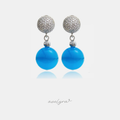 Silver-tone pave stud earrings with a glossy blue round bead drop.
