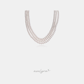 Three-strand necklace of round white pearls.
