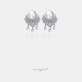 Drop earrings with a large white pearl above a crystal-set fan and three small dangling pearls.