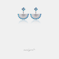Silver-tone fan-shaped chandelier earrings with blue and clear stones.