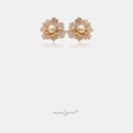 Gold-tone flower stud earrings with pink pave petals surrounding a single cream pearl centre.